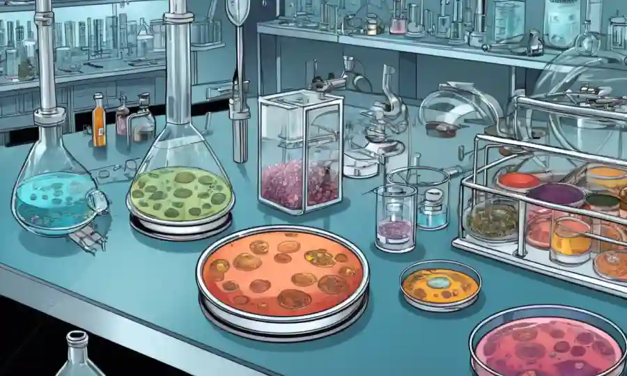 Equipo científico y cultivos de hongos en platos petri sobre mesa de laboratorio.