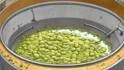 Microorganismos que prosperan entre las células de levadura en un tanque de fermentación.