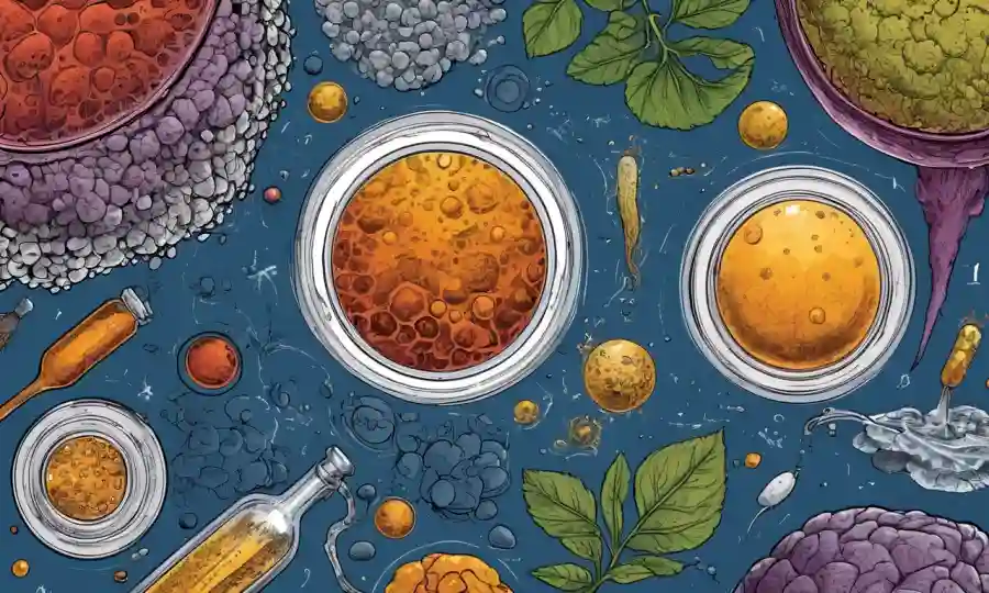 Diagramas científicos que ilustran el proceso de fermentación con microorganismos en medio de materia orgánica.