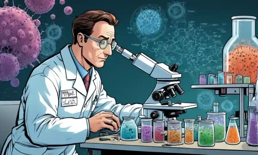 Un científico en un laboratorio que estudia culturas fúngicas bajo un microscopio, con ecuaciones matemáticas cercanas.
