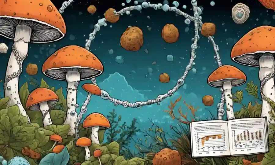 Ilustraciones científicas de hongos rodeados de helix de ADN y gráficos estadísticos.