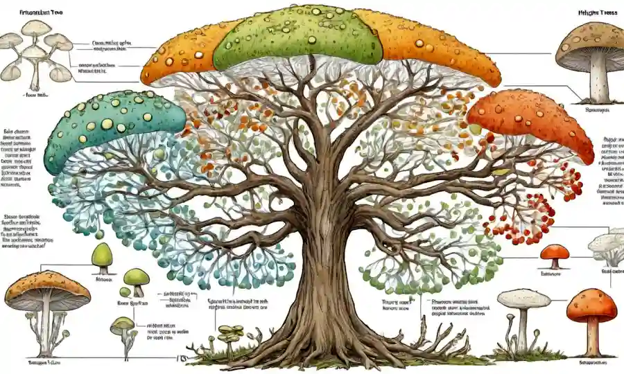 Ilustración científica del árbol evolutivo hongos con datos genómicos.