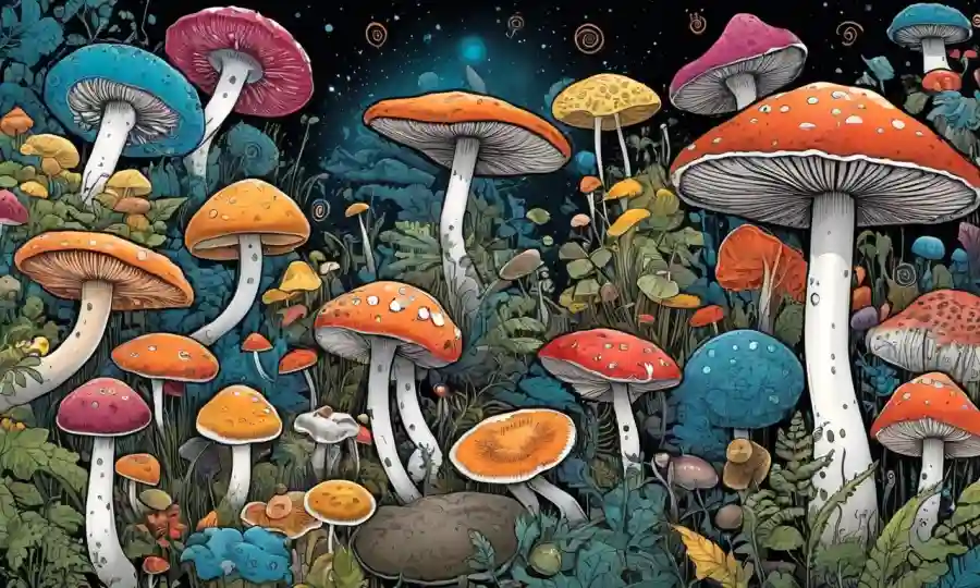 Una ilustración colorida de varias especies de hongos con espirales de código genómico que los rodean.