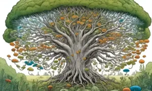 Un árbol filogenético que muestra relaciones entre especies fúngicas y bacterianas.
