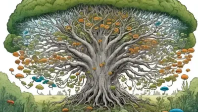 Un árbol filogenético que muestra relaciones entre especies fúngicas y bacterianas.