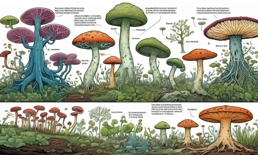 Ilustración científica que compara las relaciones genéticas entre hongos y bacterias, destacando los conceptos de análisis filogenético.