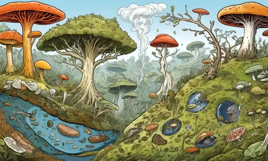 Una ilustración científica que compara los roles ecológicos de hongos y bacterias con flechas que conectan ilustraciones de organismos.