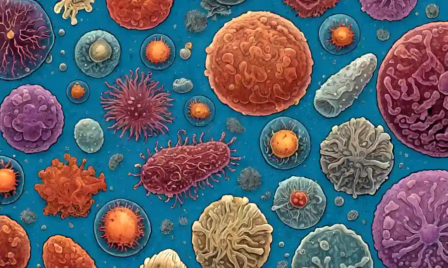 Cerrar microorganismos, hongos y bacterias interactuando bajo un microscopio.