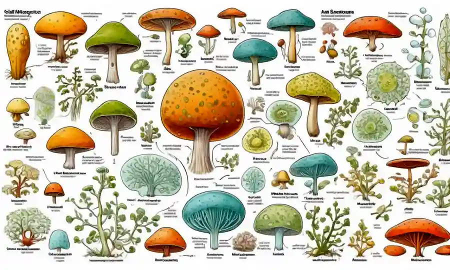 Diagramas científicos que comparan morfología celular y estructuras filogenéticas entre hongos y bacterias.