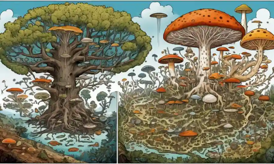 Diagramas de árboles evolucionarios que comparan hongos con otros reinos de la vida.