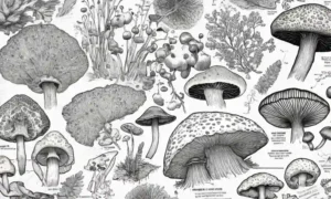 Especímenes de hongos como hongos y diagramas científicos sobre un fondo de mesa de investigación.