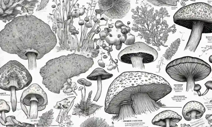 Especímenes de hongos como hongos y diagramas científicos sobre un fondo de mesa de investigación.