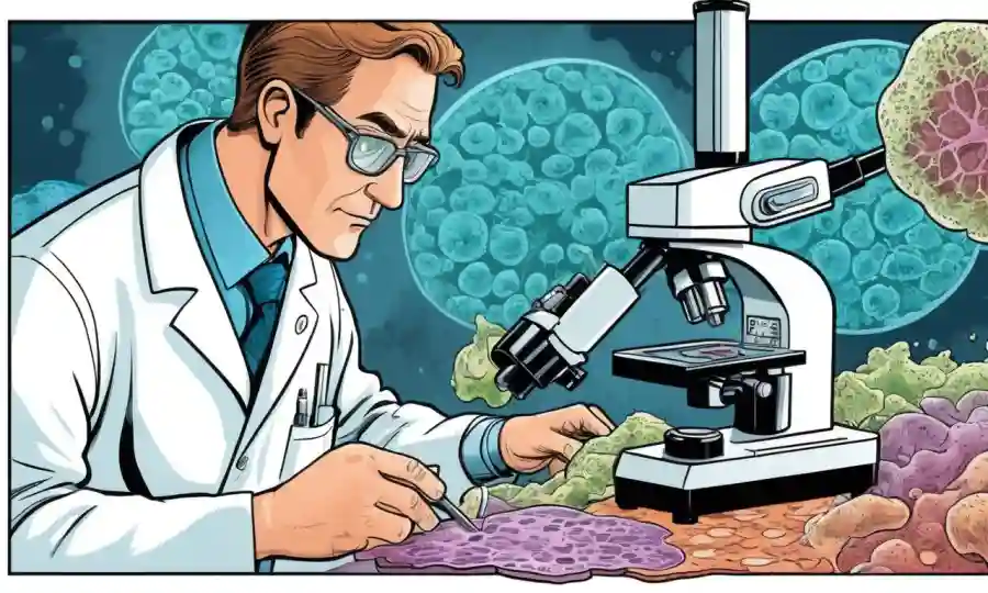Scientist analiza muestras fúngicas bajo microscopio, insinuando una investigación innovadora en descubrimientos antibacterianos.