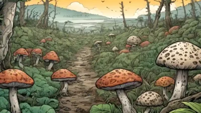 Especies fúngicas evolucionando sobre paisajes naturales perturbados en medio de la destrucción de vegetación.