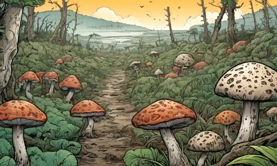 Especies fúngicas evolucionando sobre paisajes naturales perturbados en medio de la destrucción de vegetación.