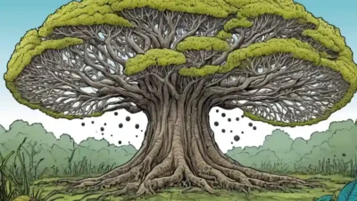 Árbol fylogenético fúngico evolucionando en condiciones climáticas cambiantes.