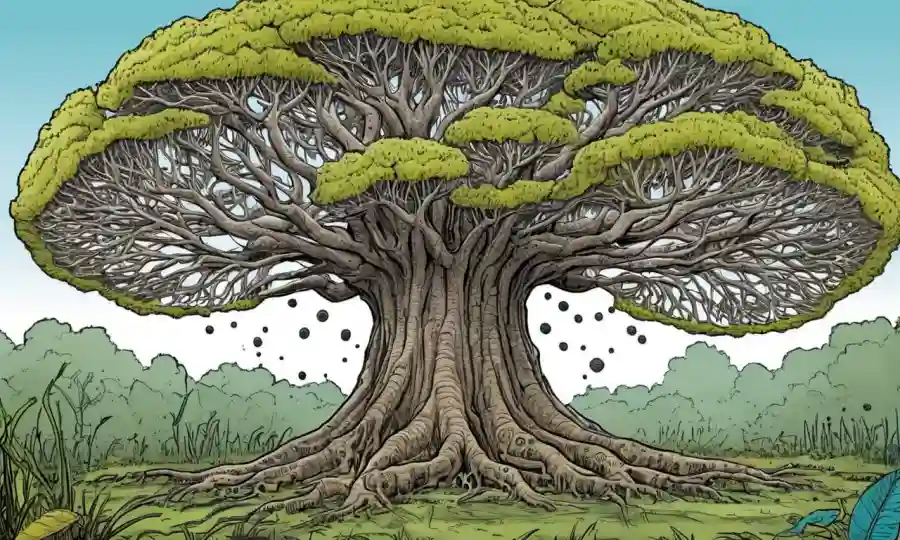 Árbol fylogenético fúngico evolucionando en condiciones climáticas cambiantes.