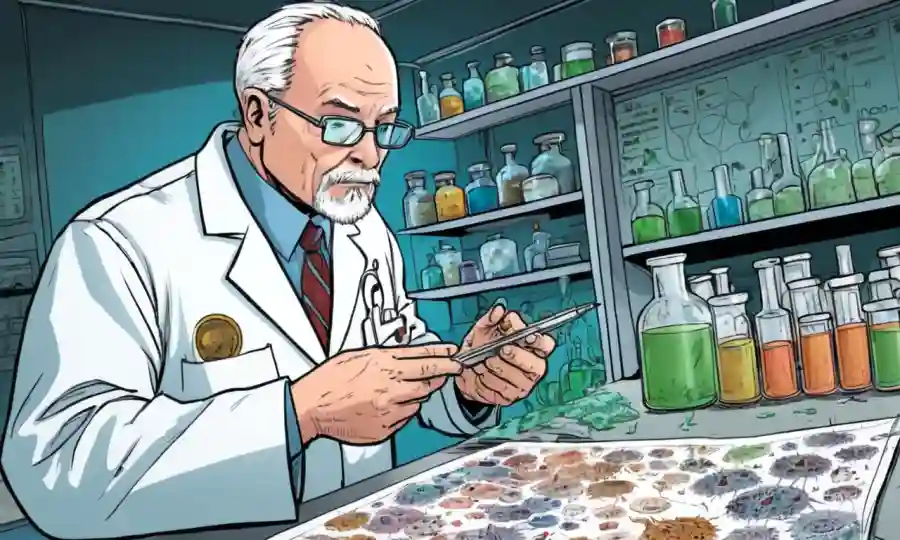 Científico en un laboratorio que examina muestras fúngicas con diagramas y diagramas que rodean.