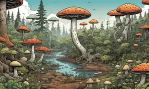 Una ilustración de la evolución fúngica junto a los ecosistemas y árboles.