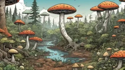 Una ilustración de la evolución fúngica junto a los ecosistemas y árboles.