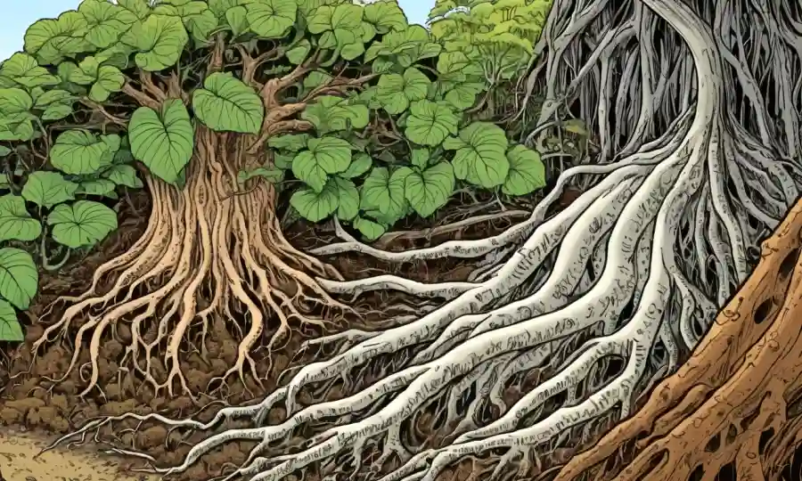Ilustración comparando hongos endofiticos creciendo dentro de raíces vegetales con su relevancia ecológica.