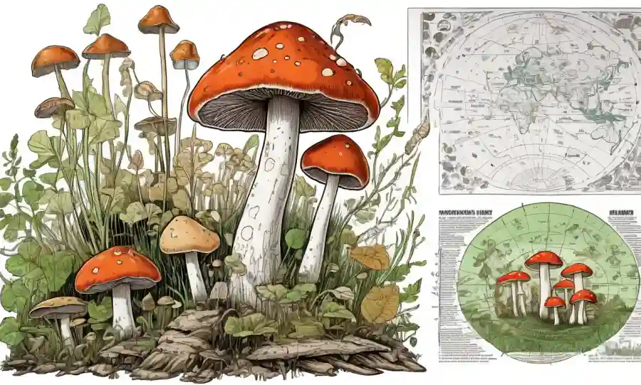 Muestras de setas rodeadas de diagramas ecológicos y gráficos científicos.