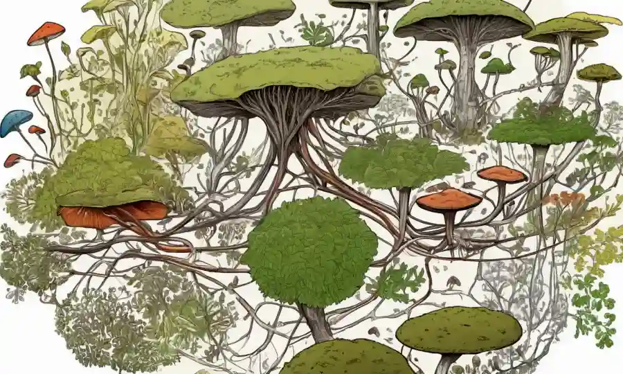 Diagrama mostrando relaciones evolutivas entre especies fúngicas con flechas y nodos.