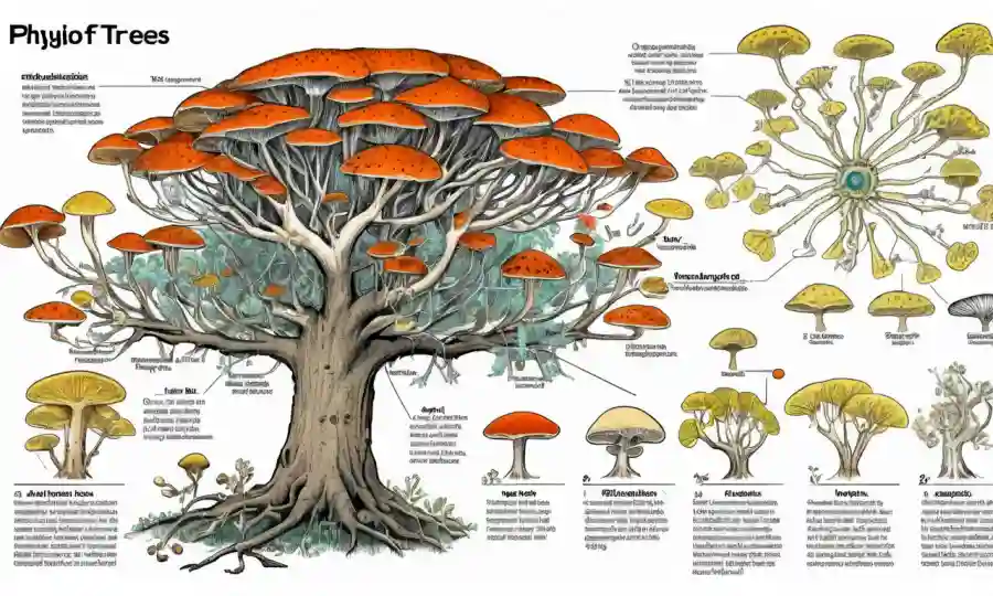 Diagrama científico mostrando árbol filogenético de hongos con resultados clave destacados.