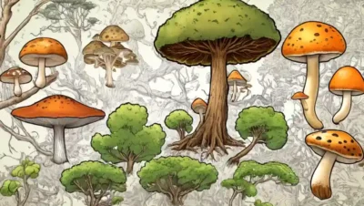 Árboles y patrones de crecimiento de hongos mostrados en un historial científico.