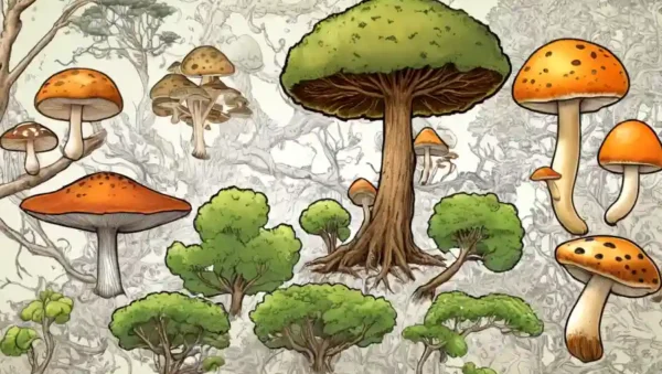 Árboles y patrones de crecimiento de hongos mostrados en un historial científico.