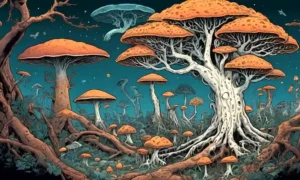 Un árbol filogenético complejo rodeado de siluetas de especies fúngicas
