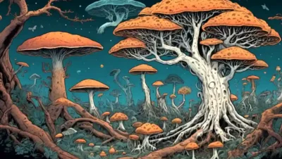 Un árbol filogenético complejo rodeado de siluetas de especies fúngicas