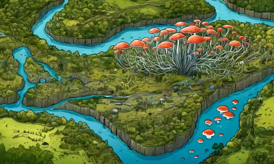 Un diagrama de red complejo que representa la evolución fúngica y las relaciones ecológicas en medio de un fondo de elementos ambientales.