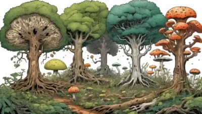 Viniendo árboles con diversas ilustraciones de especies de hongos destacando la descomposición orgánica.