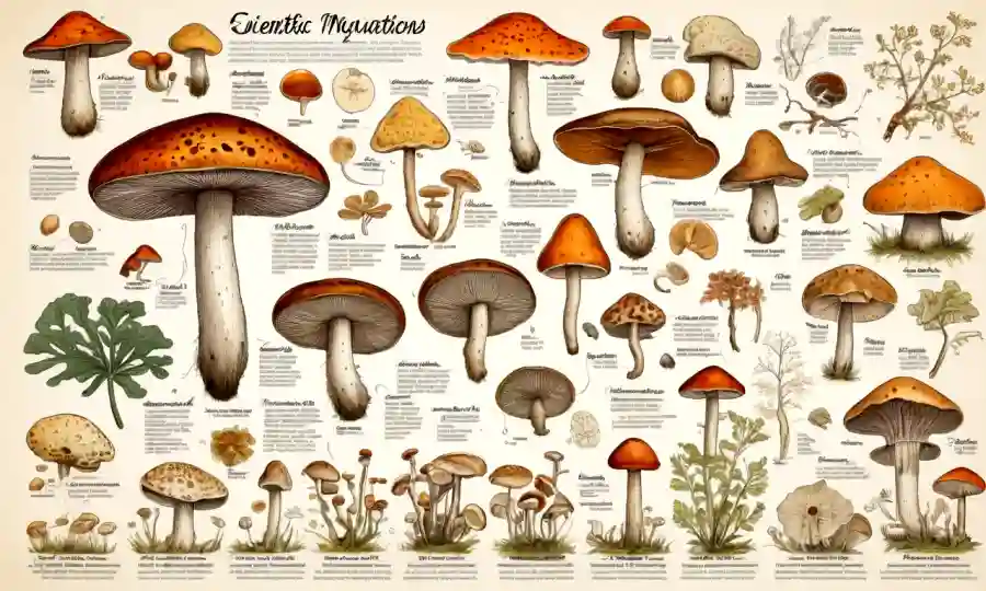Una ilustración científica de varias especies de hongos con gráficos detallados de texto y categorización.