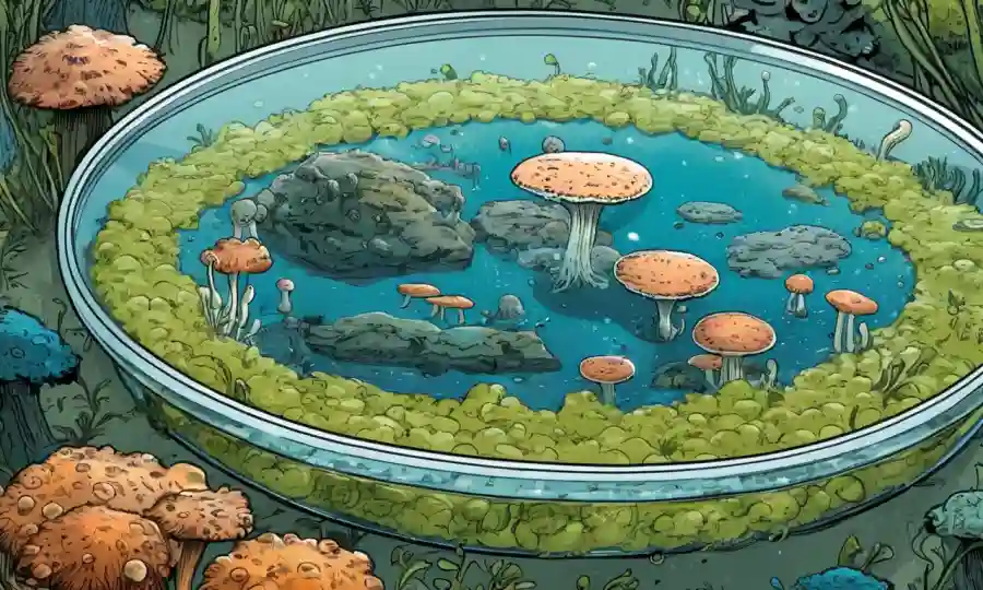 Un racimo de hongos acuáticos junto a sus parientes terrestres en un plato de petri.