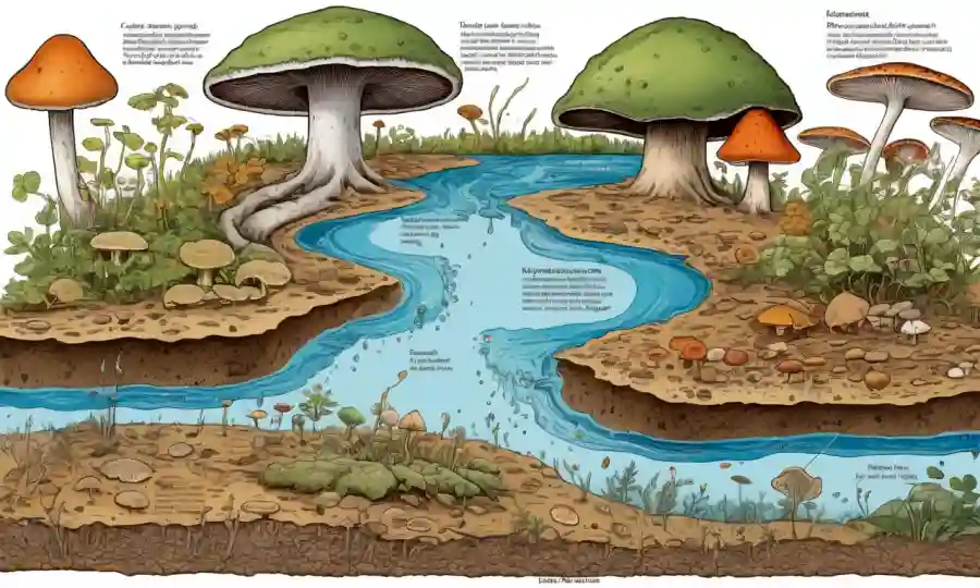Ilustraciones y diagramas de filogenias de hongos en un fondo de suelo y agua.