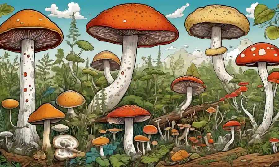 Un diagrama científico que representa varios tipos de hongos y sus relaciones evolutivas, con ejemplos ecológicos y agrícolas relevantes.