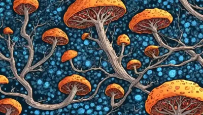 Células microscópicas de hongos rodeadas por vías metabólicas ramificantes.
