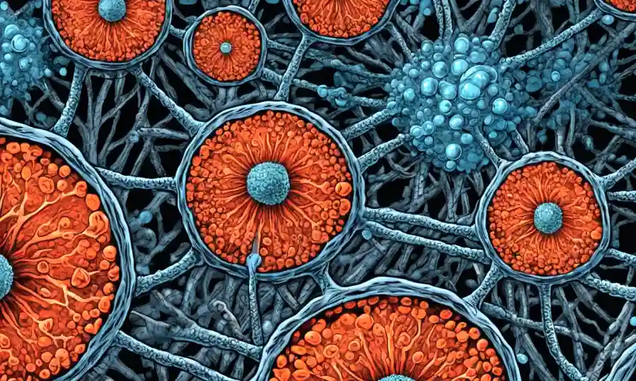 Células microscópicas de hongos que intercambian nutrientes en una red intrincada.