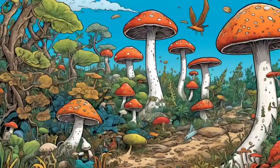 Fungi creciendo en diversos ecosistemas, con diversos organismos interactuando.