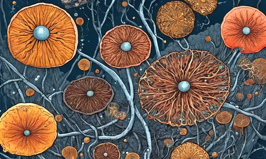 Imágenes microscópicas de hongos con redes complejas y organismos de interacción.