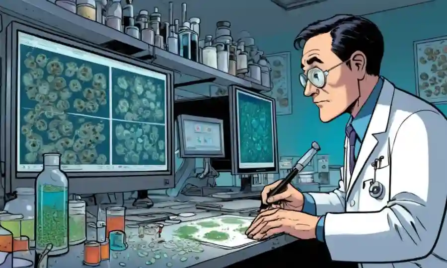 Un científico que examina especímenes de hongos en un laboratorio, con equipos de prueba de ADN y pantallas de ordenador visibles.