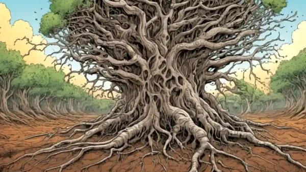 Una ilustración de estructuras microbianas parecidas a árboles que se ramifican de muestras de suelo.