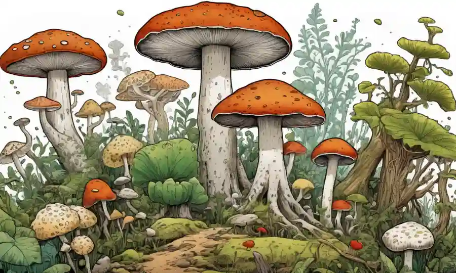 Ilustración de hongos con relaciones evolutivas e ilustraciones de diversidad alrededor.