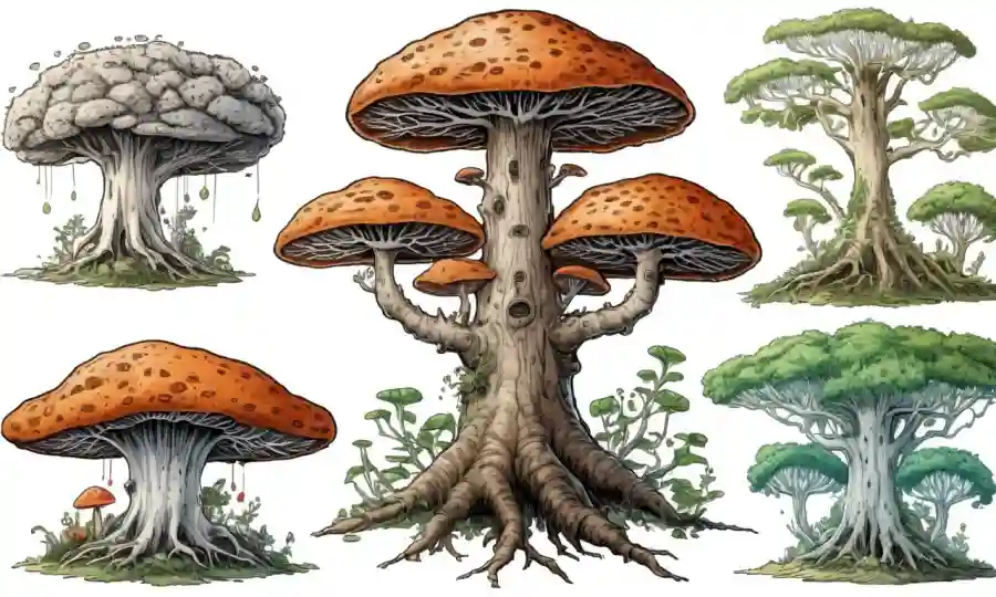 Un árbol filogenético de especies hongos en un fondo blanco.