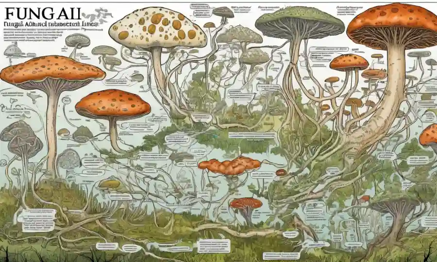 Un diagrama que ilustra las relaciones fúngicas con líneas interconectadas y nombres de especies.
