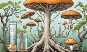 Especies árboles de hongos ilustrados con diagramas de ramificación rodeados de tubos de ensayo de laboratorio.