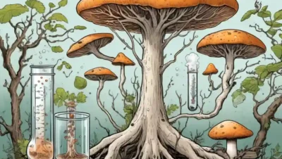 Especies árboles de hongos ilustrados con diagramas de ramificación rodeados de tubos de ensayo de laboratorio.