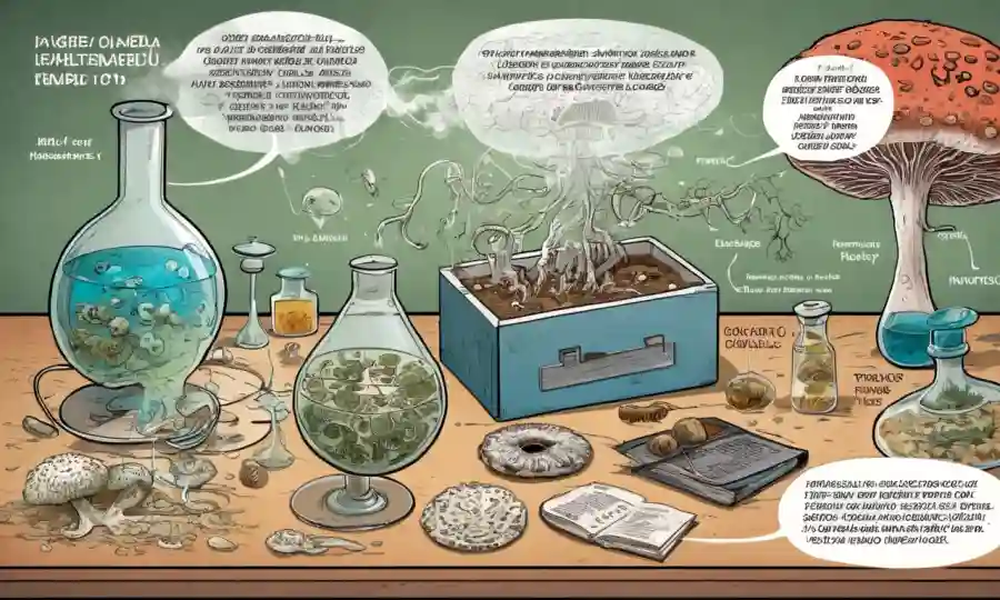 Diagramas científicos y especímenes de hongos en una mesa de laboratorio con sobreposición de texto en español.